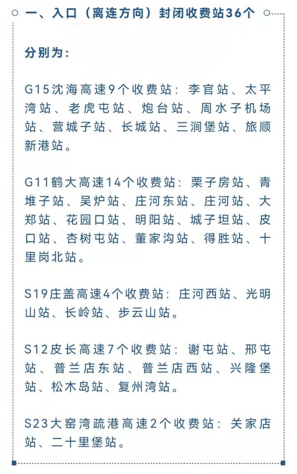 由大连市防疫部门在入口大连等16个收费站保持正常运营,为尽量满足