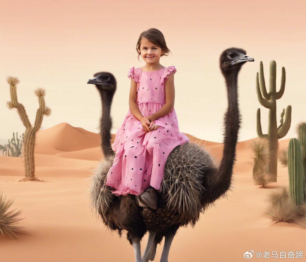 还是图片生成厉害一些, 生成一张小女孩拿着仙人掌骑在鸵鸟上的高清
