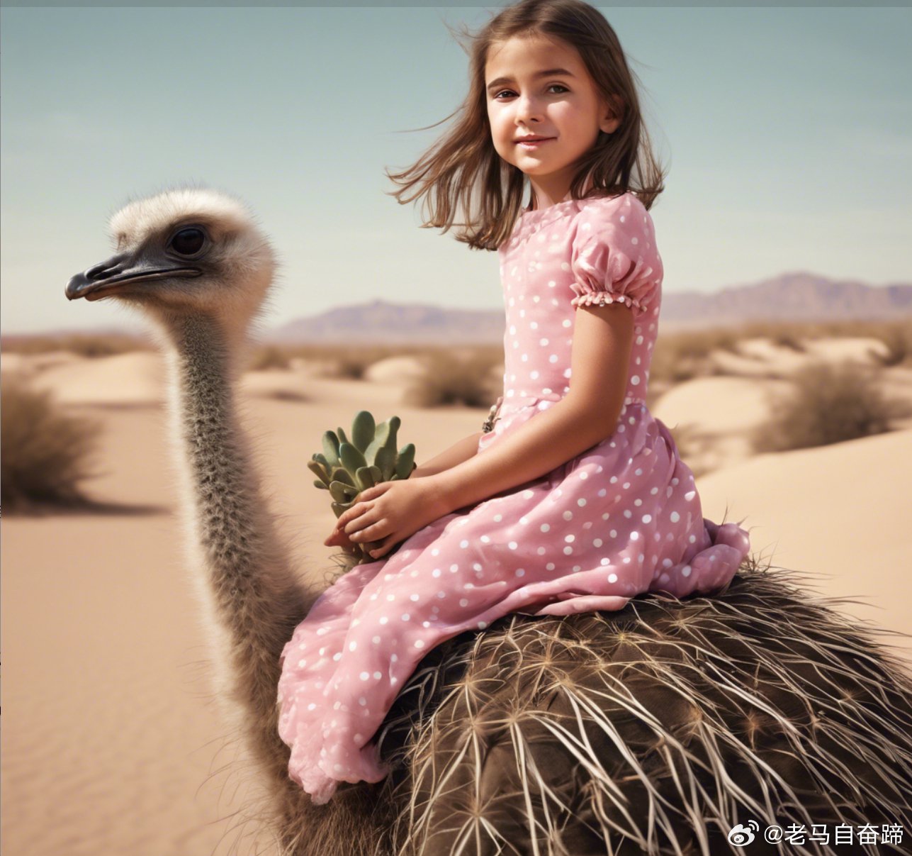 还是图片生成厉害一些, 生成一张小女孩拿着仙人掌骑在鸵鸟上的高清