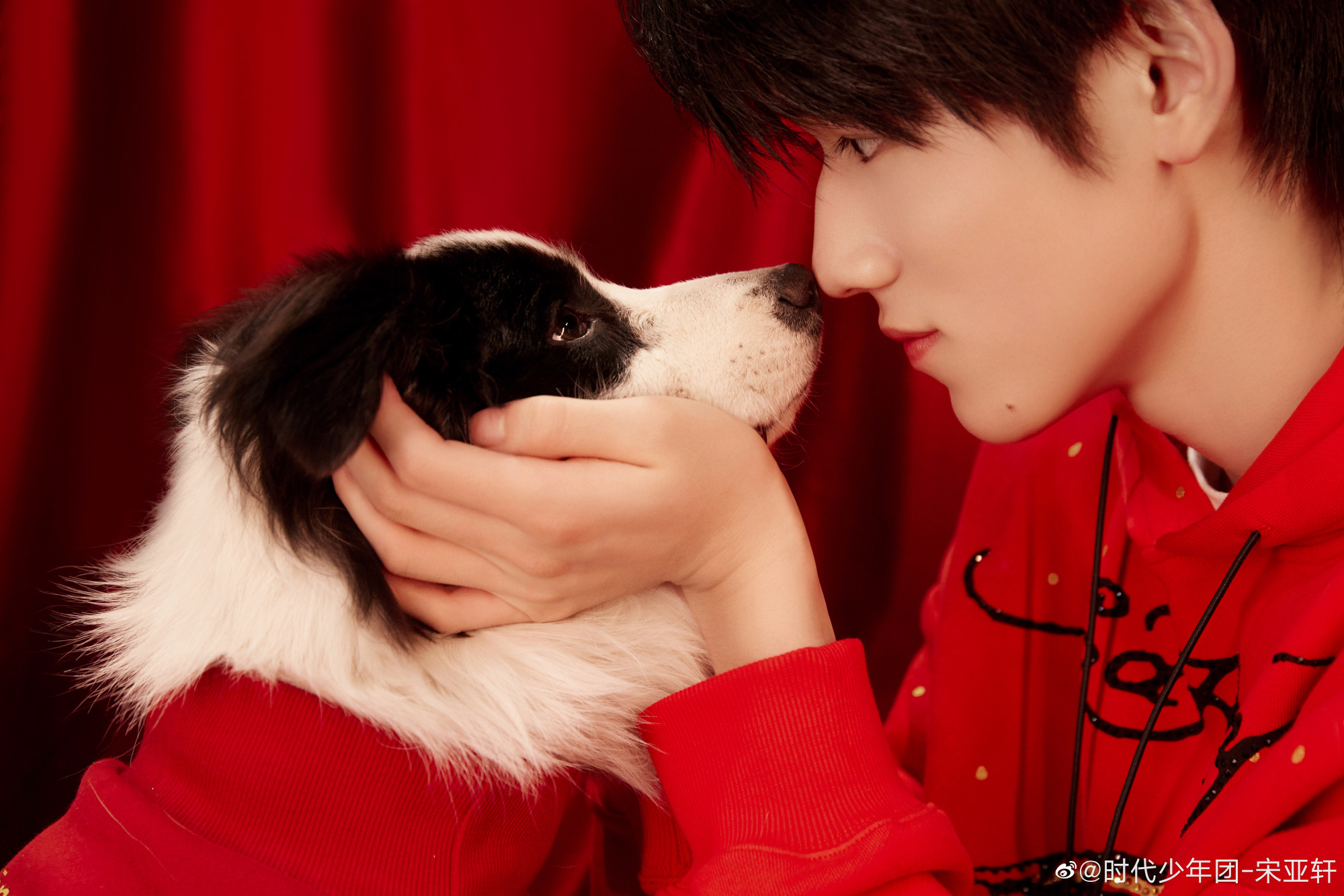 宋亚轩分享和鼠标新年写真～红色卫衣,红色的鼠标,红色背景,红红火火