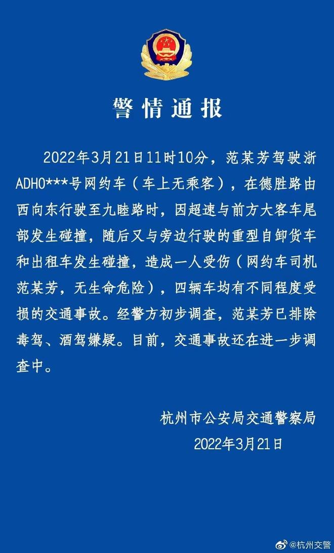 杭州一网约车冲撞多辆车？杭州交警最新通报：司机一人受伤，事发时车上没有其他乘客休闲区蓝鸢梦想 - Www.slyday.coM