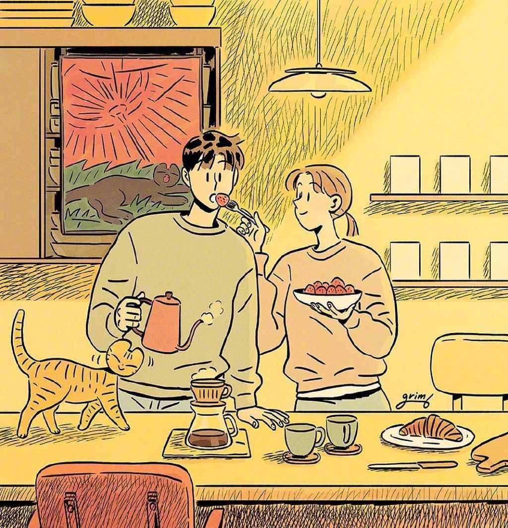 来自韩国插画师 grim_b 与妻子生活中的甜蜜日常绘画