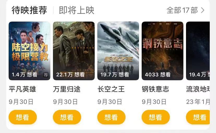 国庆档想看人数最多的电影，《长空之王》第一，《万里归途》第二休闲区蓝鸢梦想 - Www.slyday.coM