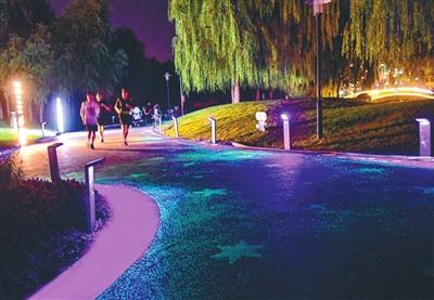 入夜,沈阳市莫子山公园炫彩荧光跑道吸引不少市民体验游玩.
