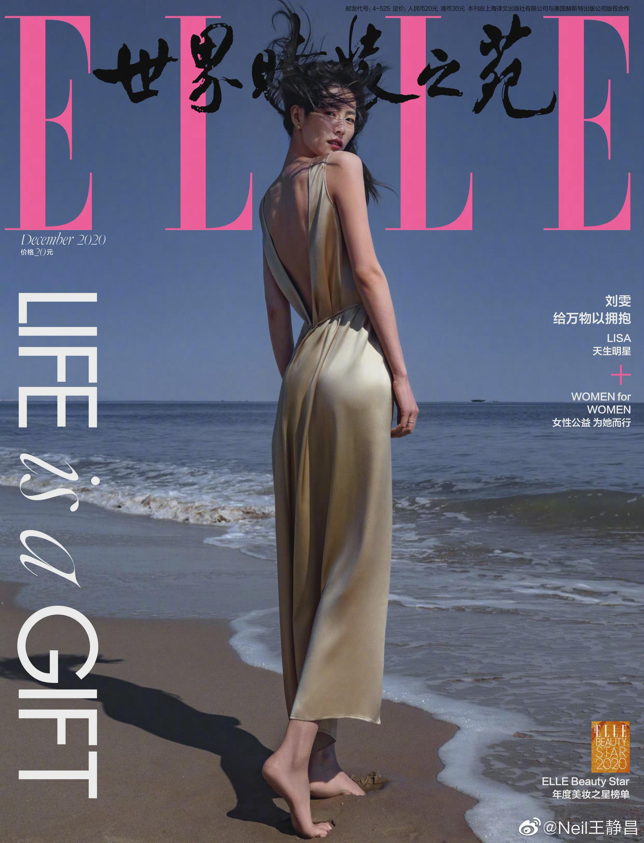 登上中国版《elle》12月刊封面,简单的海滩背景也拍出了高级感!