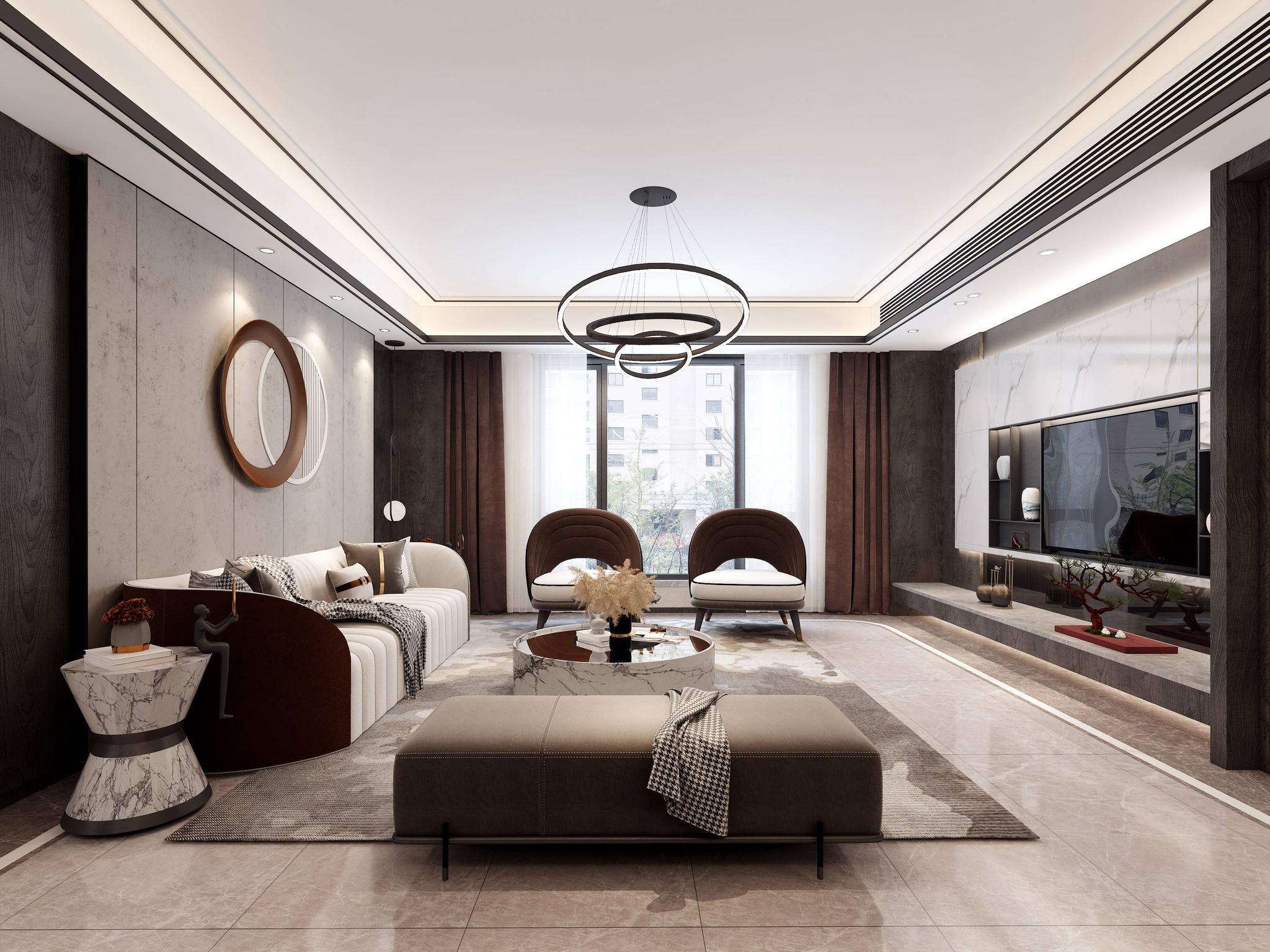 餐厅餐厅墙面采用深色木饰面搭配浅色乳胶漆,辅以金属线条装饰吊顶,整