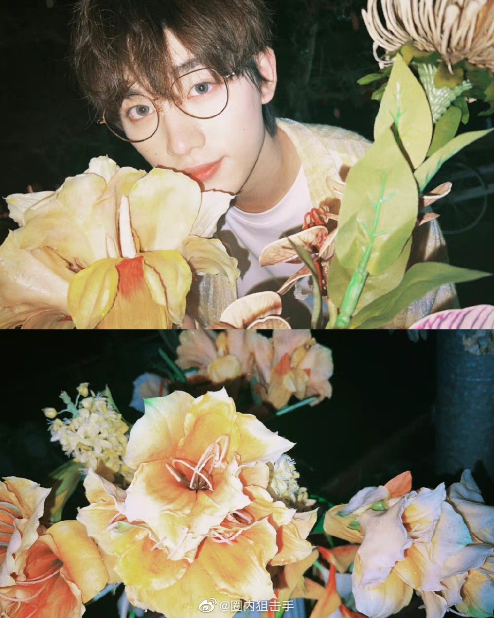 丁程鑫晒出与花合照的六宫格随拍