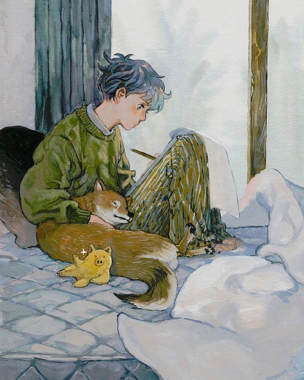 插画师 noma 的治愈系水彩插画作品,她的插画人物随意,慵懒