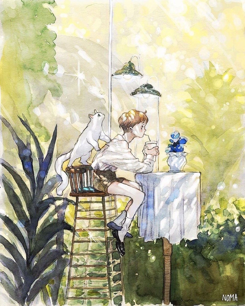 插画师 noma 的治愈系水彩插画作品,她的插画人物随意,慵懒