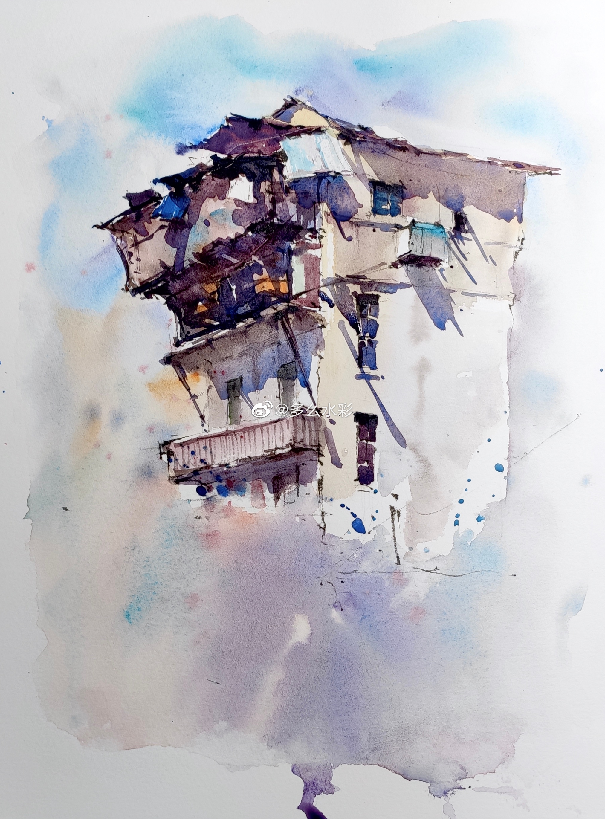 钢笔淡彩ins风水彩插画-街边小屋套一句老话心中有风景生活中便处