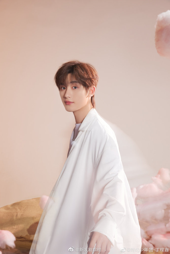 丁程鑫生日写真纯白套装造型的少年攀爬粉色云梯满满的甜蜜