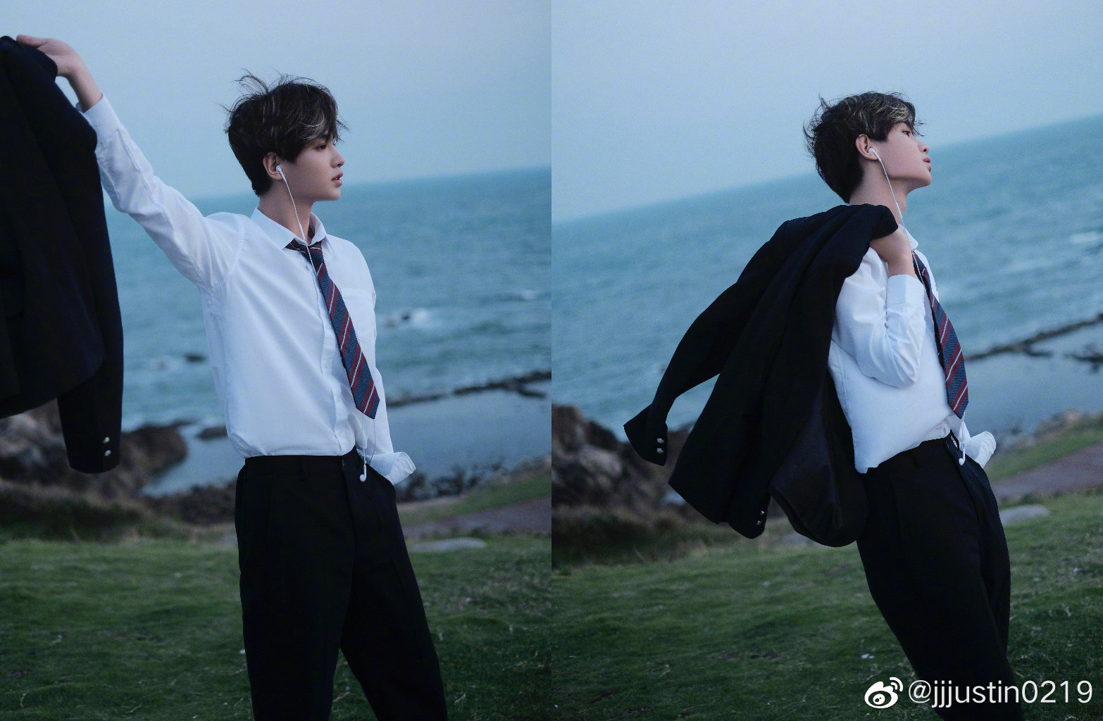 黄明昊一身制服造型,在夜幕下的海边拍摄大片少年如风