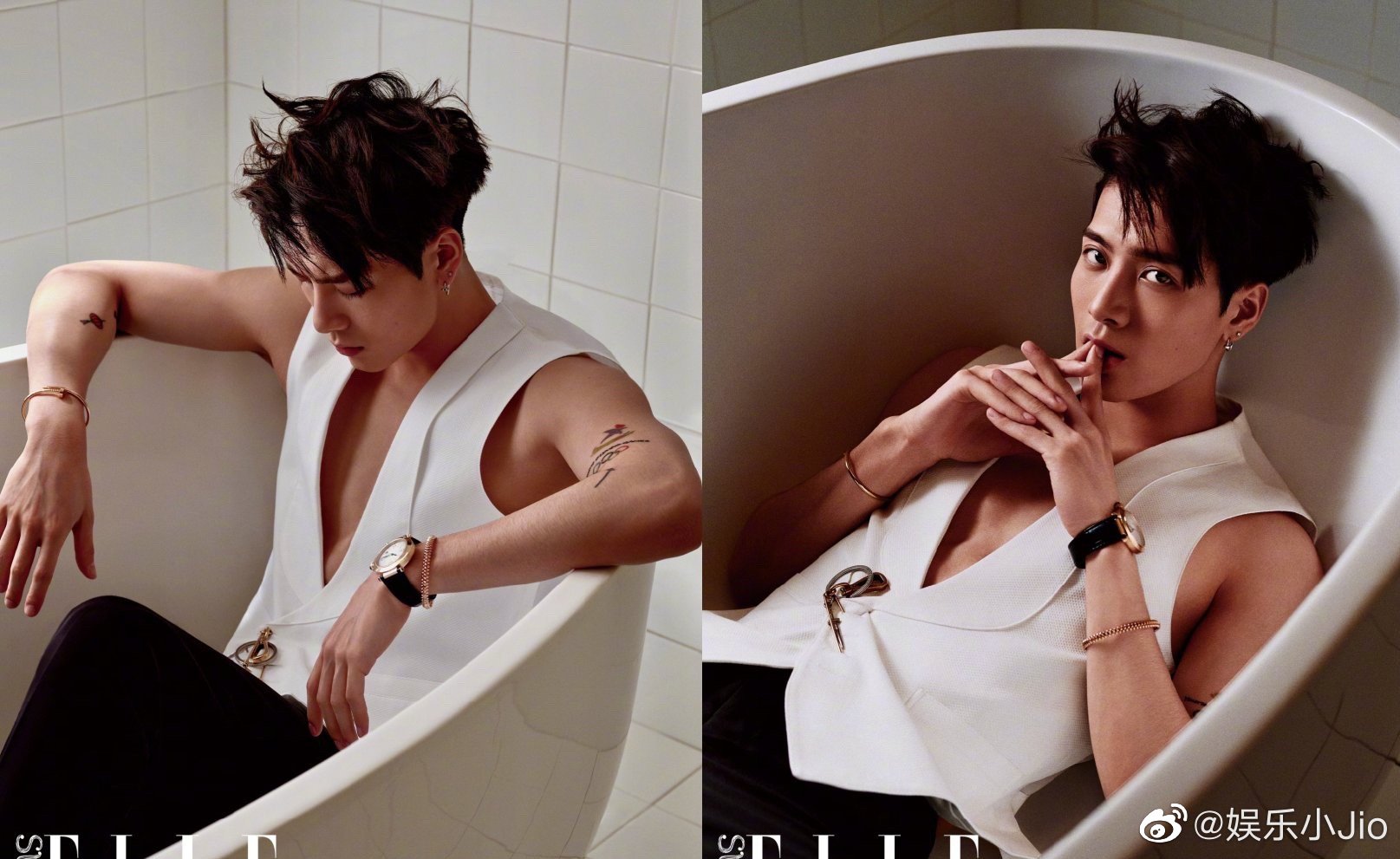 王嘉尔 superelle 内页大片白衣马甲,浅绿无袖夹克,大红西装,紧身