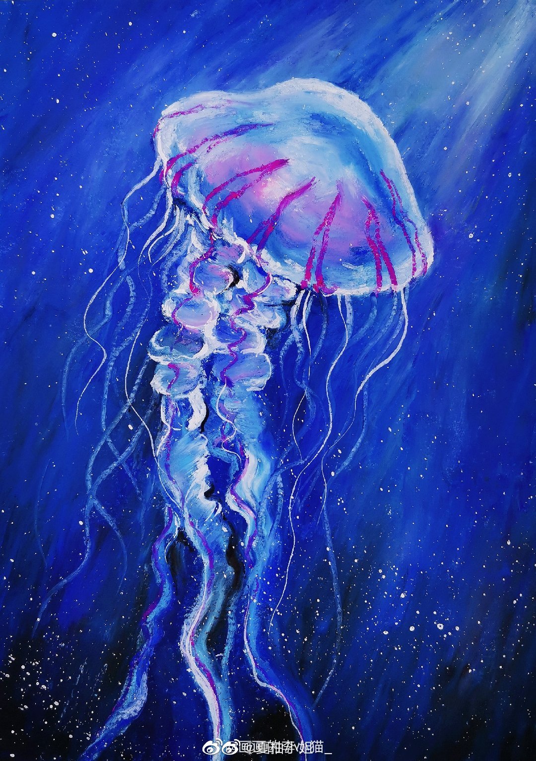 夏天的油画棒蓝色系水母,水做的心,透明的美@画画的李小猫