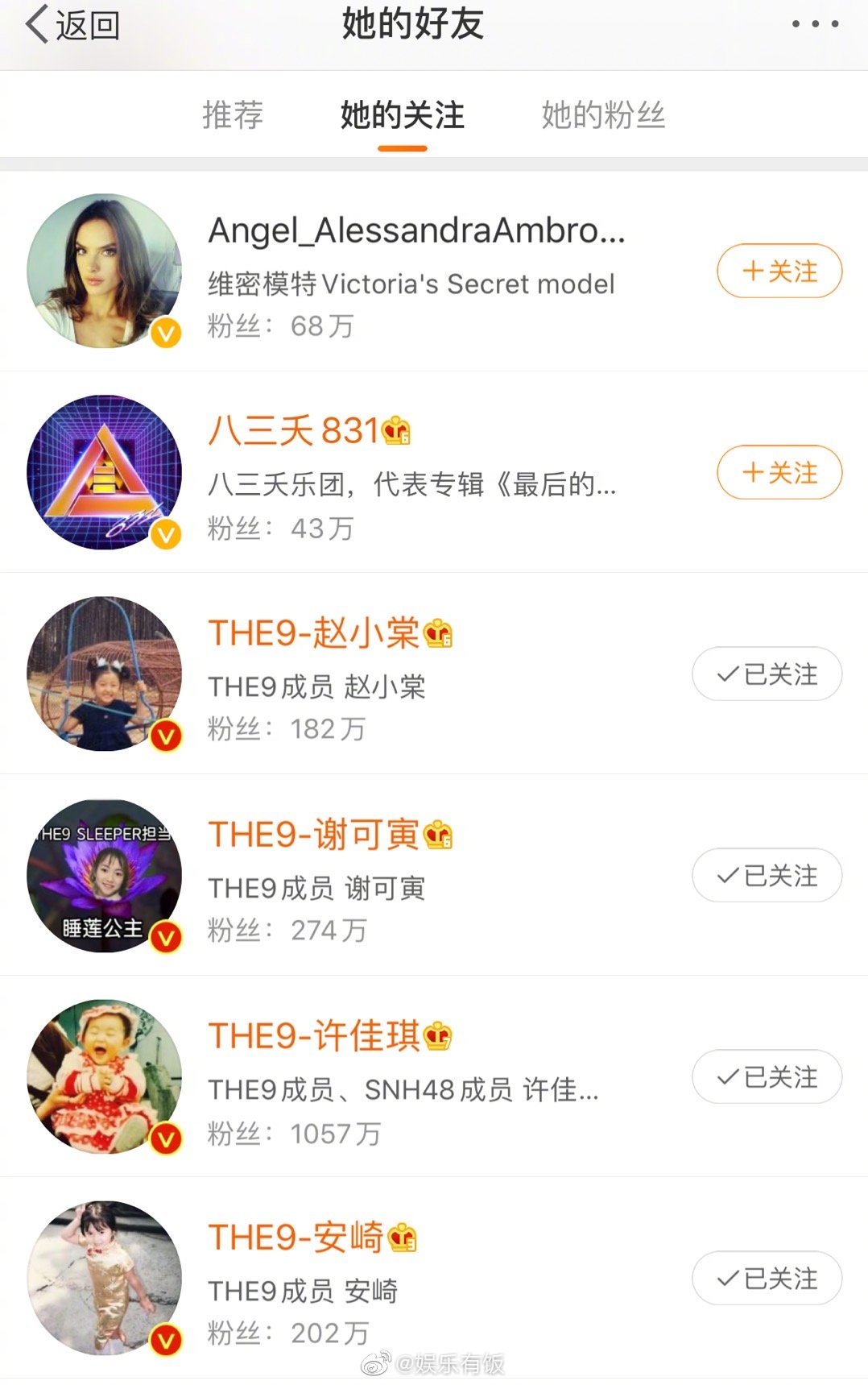 The9 刘雨昕和维密天使aa Angel Alessandraambrosio 在微博互关了