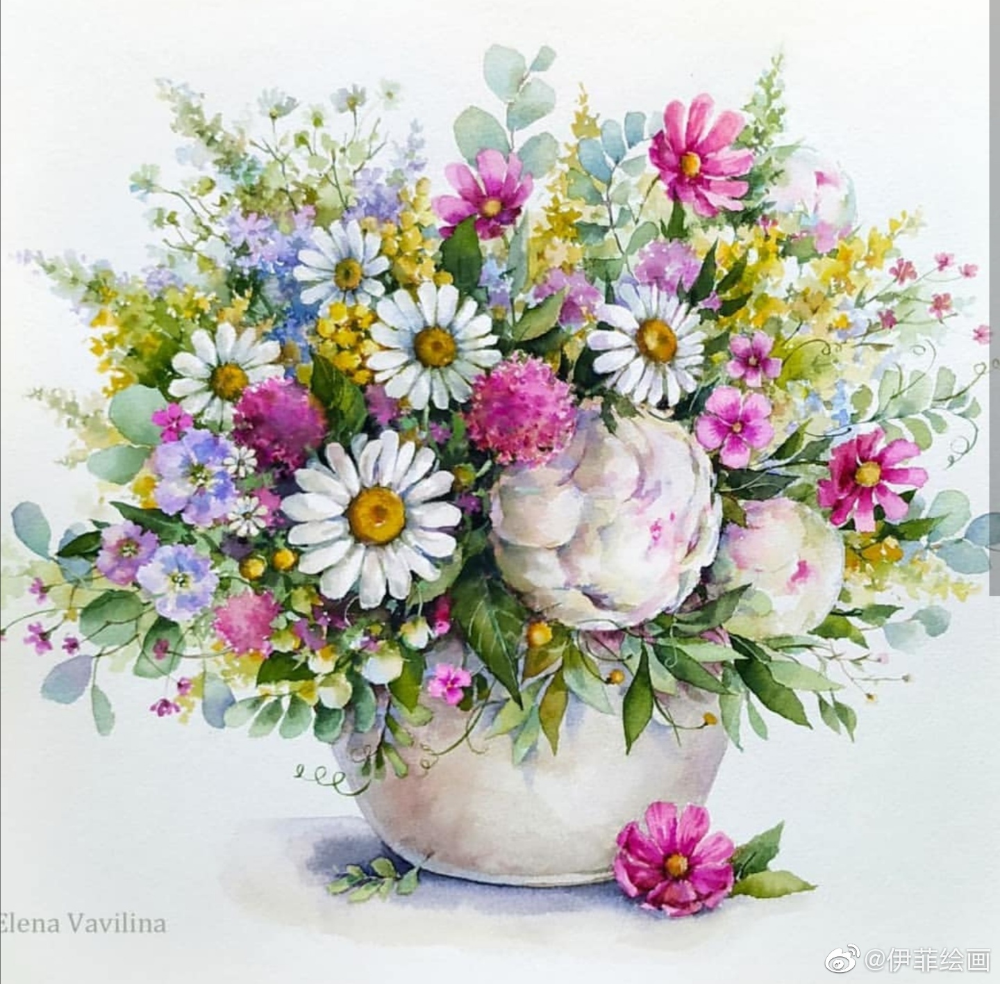 花开在太阳 下 手绘水彩画作品
