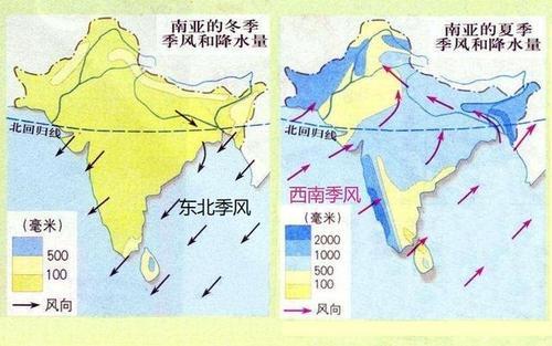 印度大部分地区位于热带,属于热带季风性气候,盛行西南风的时候,来自