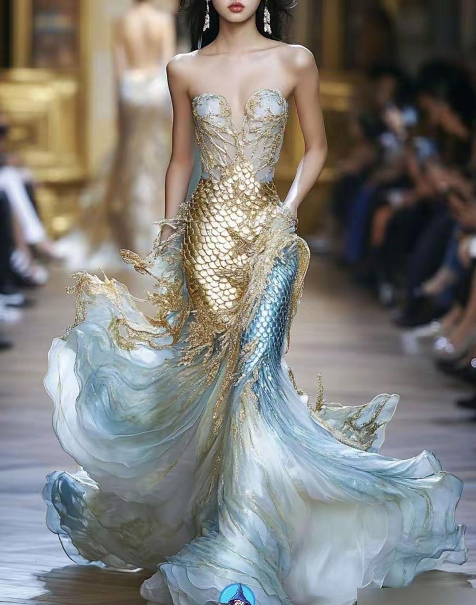 人鱼主题的礼服,海洋蓝的色调,美到窒息