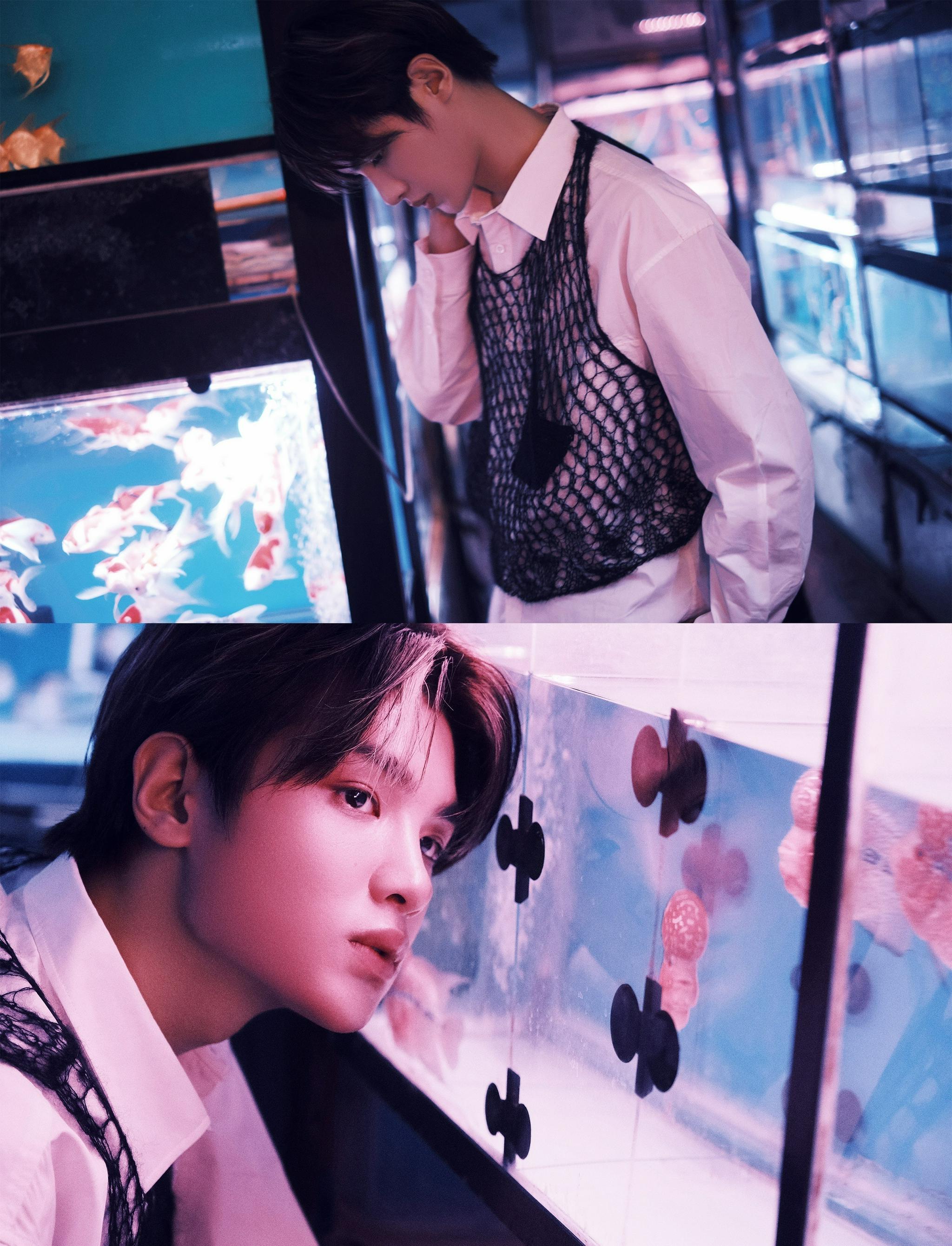 黄明昊今日份活动造型图 白衬衫外搭渔网背心