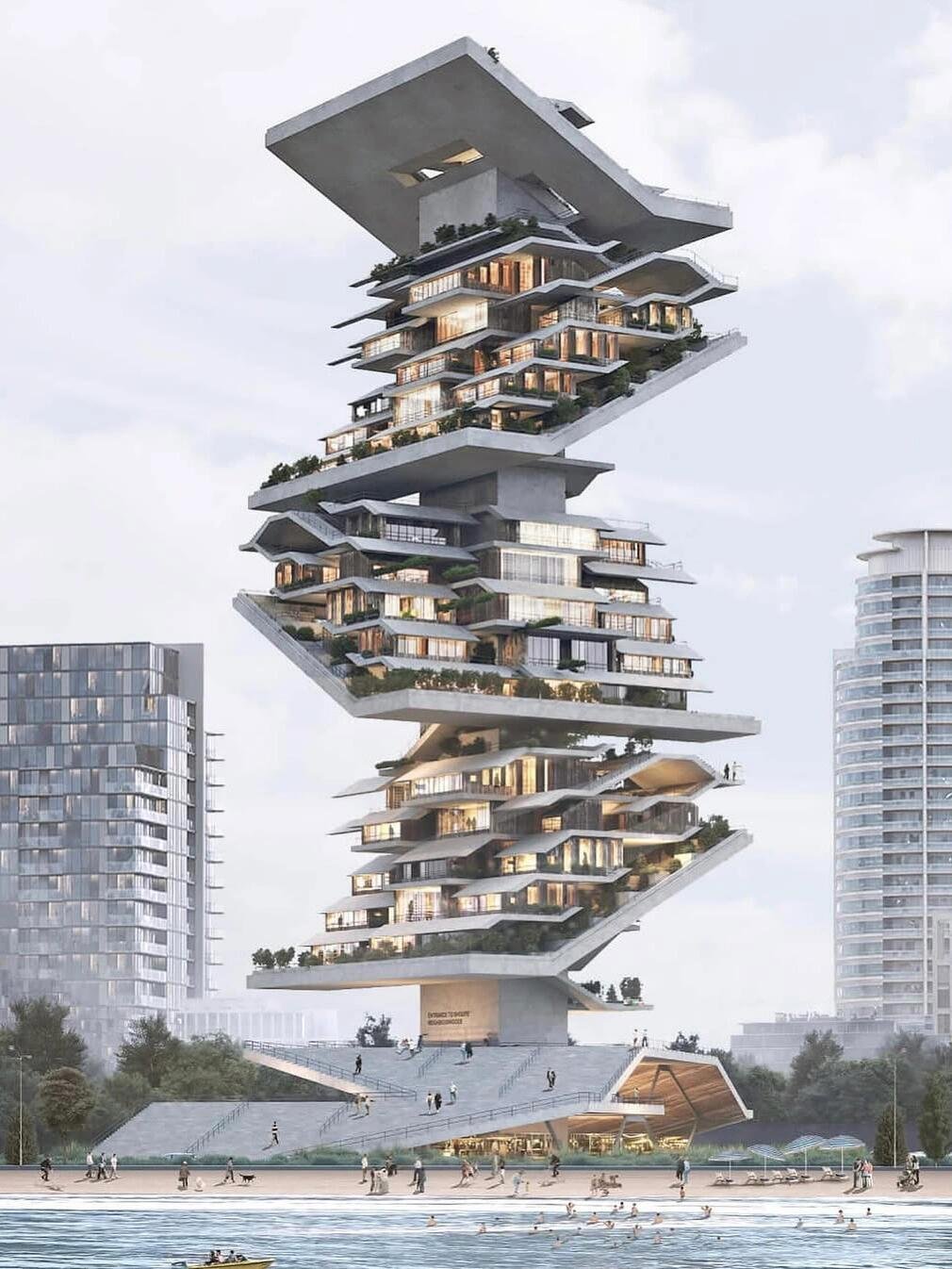 建筑师的垂直村落,三个堆叠的社区悬挂在垂直结构上