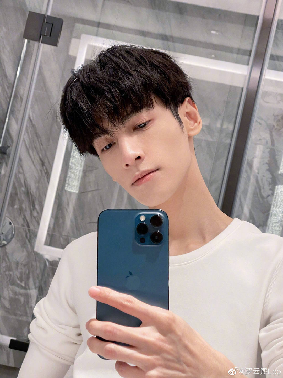 罗云熙晒比个耶自拍照白色衬衫五官好优越