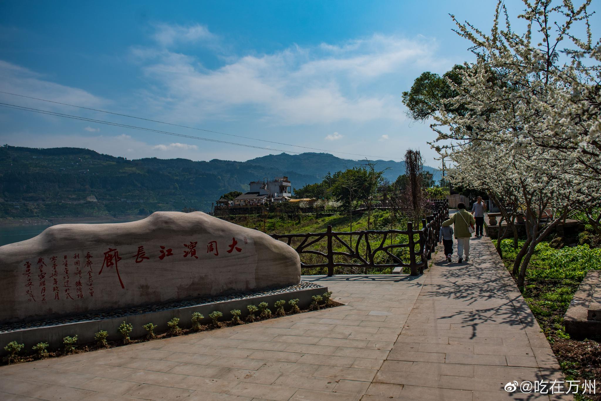 万州今日春光明媚,暖阳如夏,大周镇滨江长廊游人如织