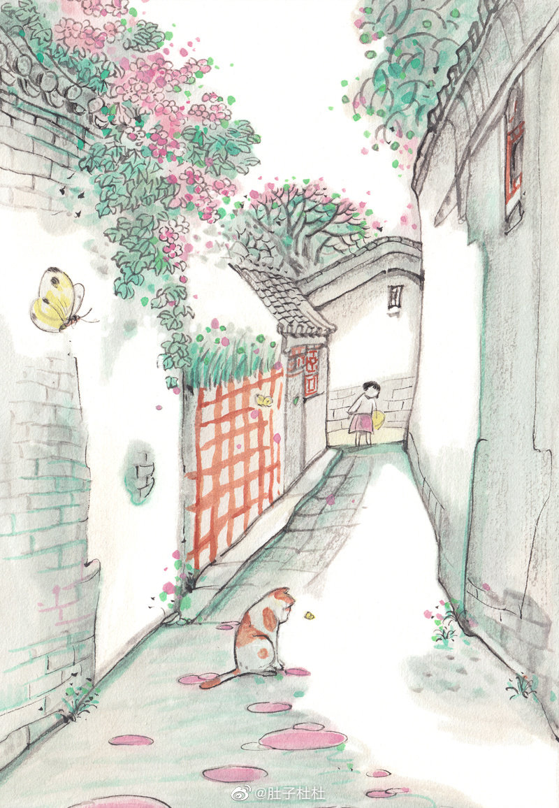 水墨风格插画充满回忆的胡同场景肚子杜杜
