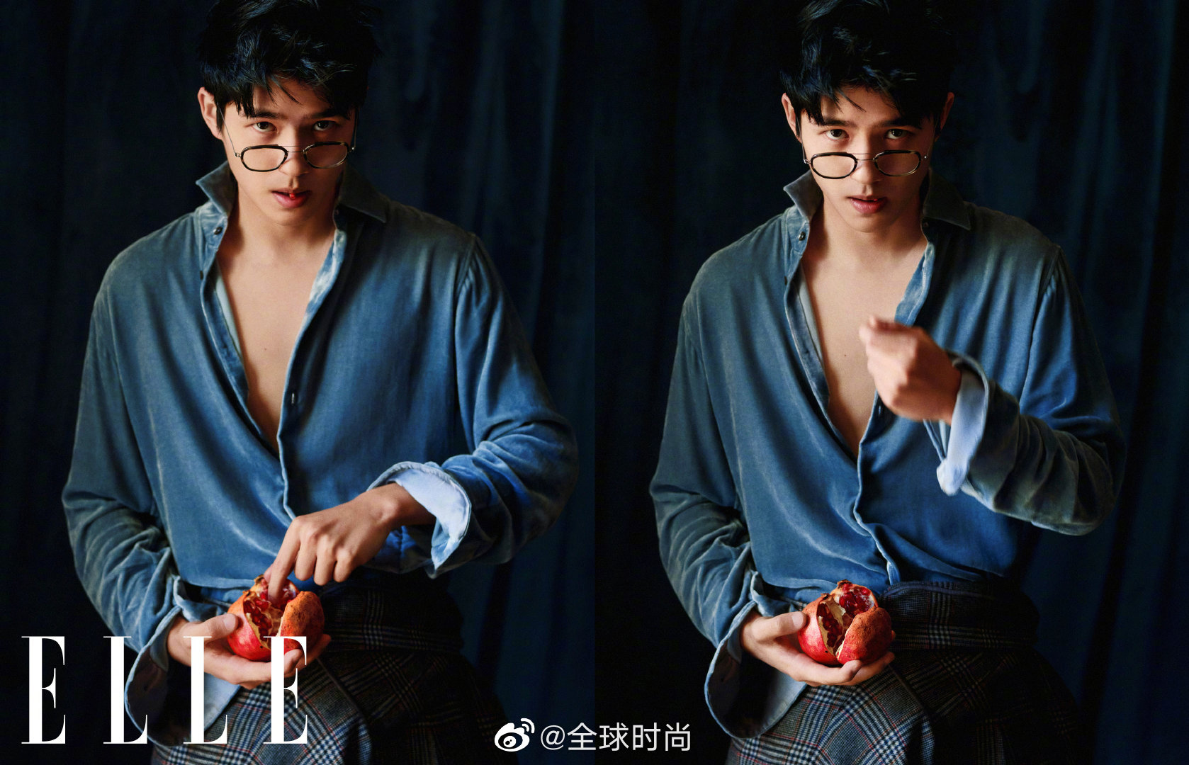 刘昊然elle开年封面黑框眼镜配上敞开领口的蓝丝绒衬衫