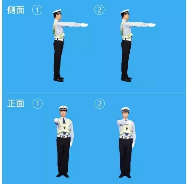 变道信号左臂向左下方平伸,掌心向下;左臂与手掌平直向下方摆动,准许
