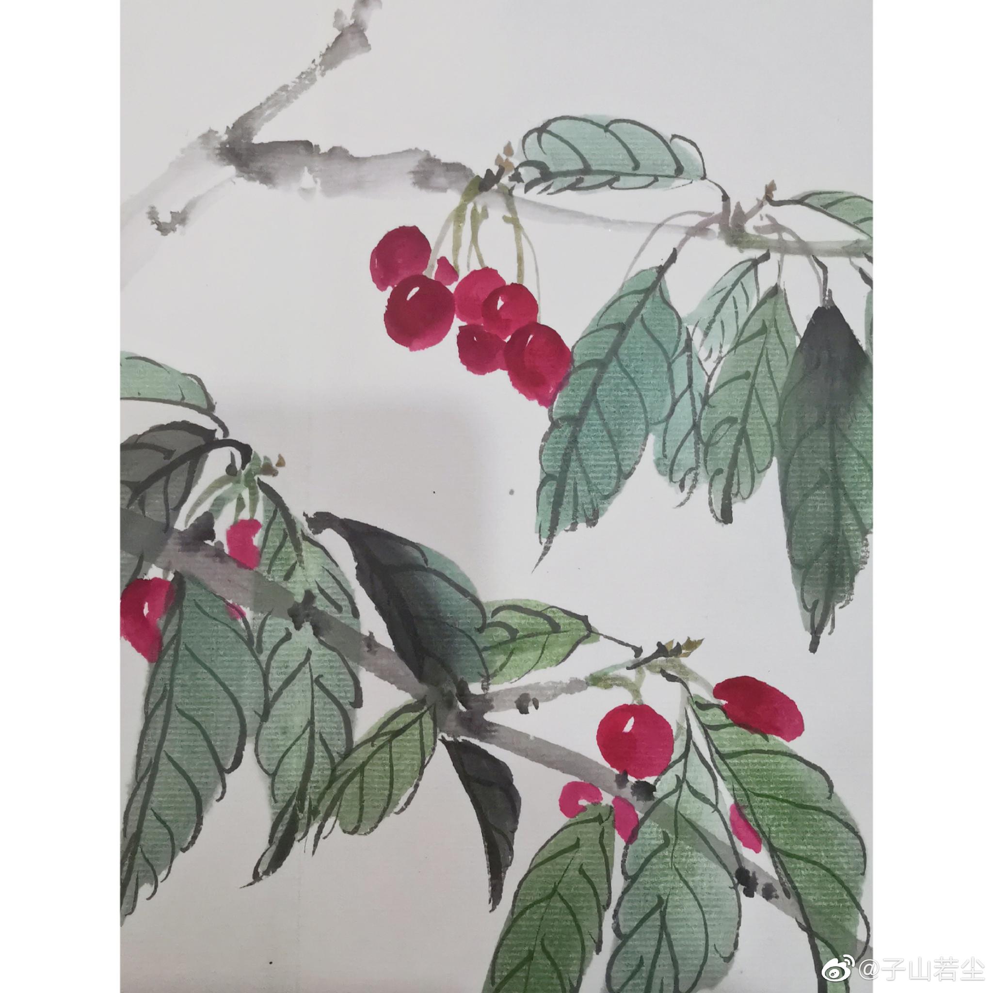 国画.樱桃红了作者.刘波 号(大拙)
