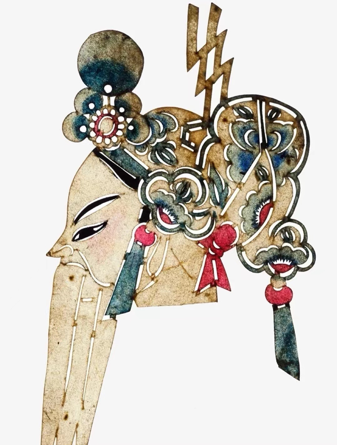 生、净、旦头茬(三髭髯戴王帽的皇帝，插凤簪帅盔的女元帅)-中国最美皮影-图片