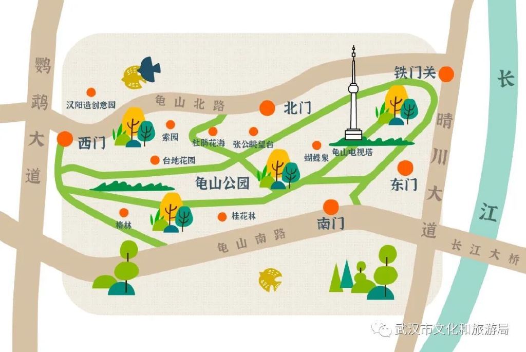 这几个景点原本不相通,2021年龟山公园改造,新建的南门与大桥相连,才