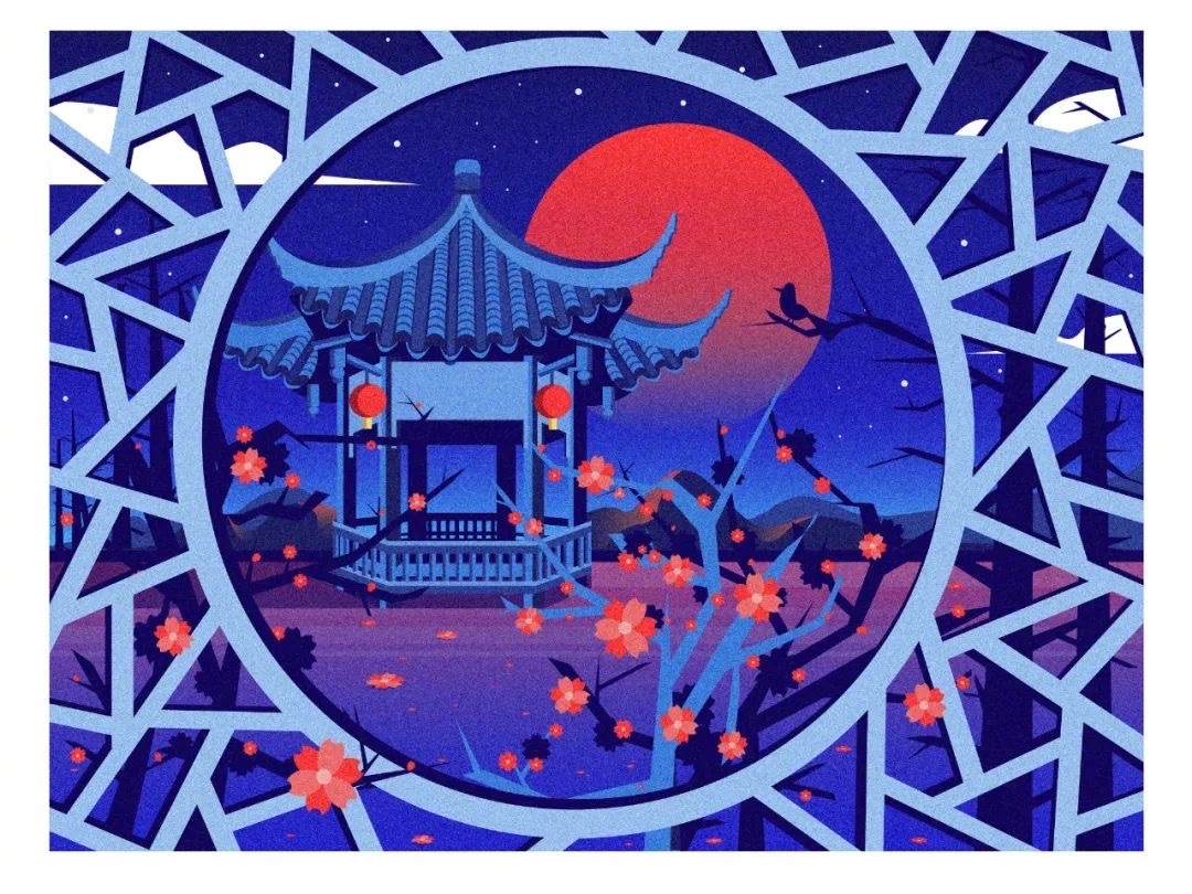 分享一组红蓝配色的国风插画作品