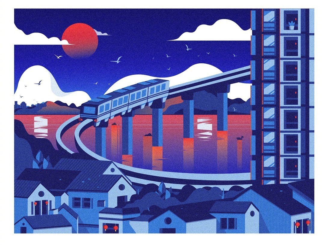 分享一组红蓝配色的国风插画作品