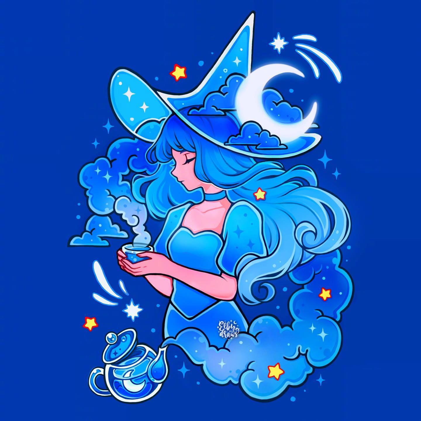 蓝色系配色插画,超适合新手插画师练手 插画|elby.draws