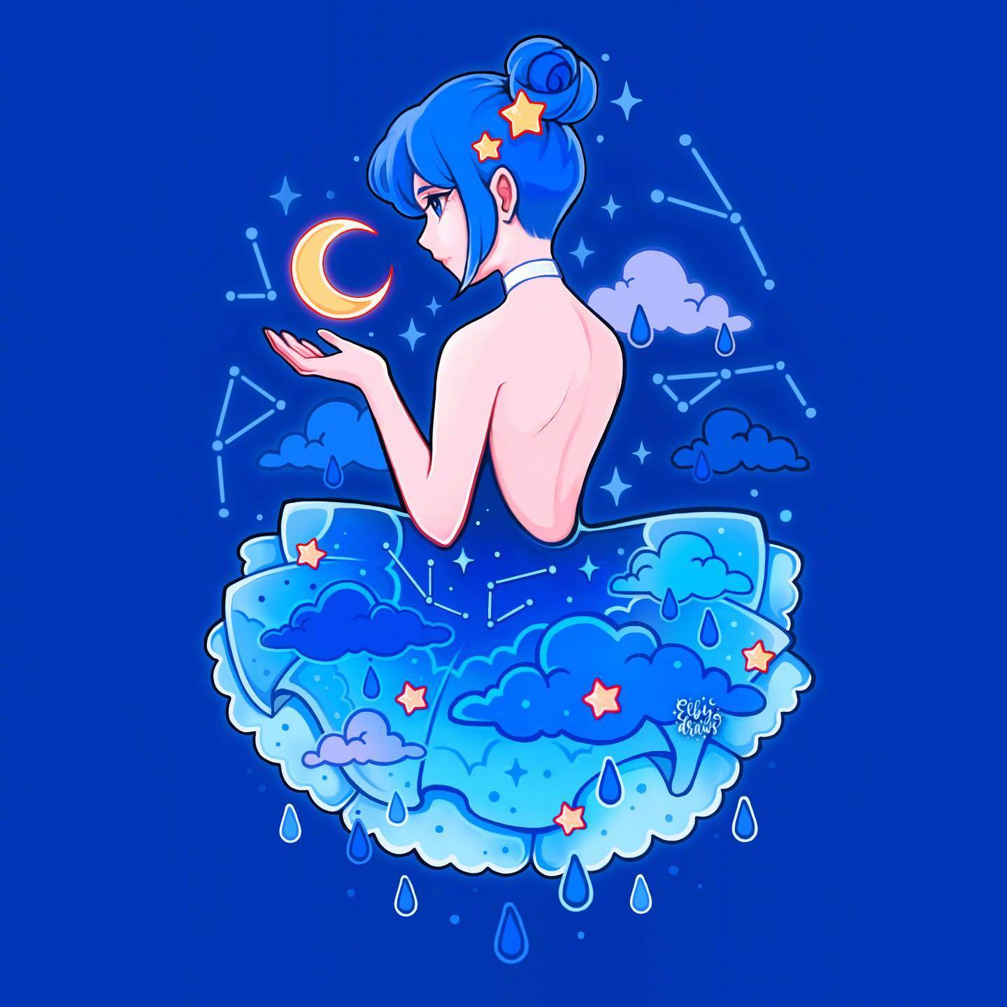 蓝色系配色插画,超适合新手插画师练手 插画|elby.draws