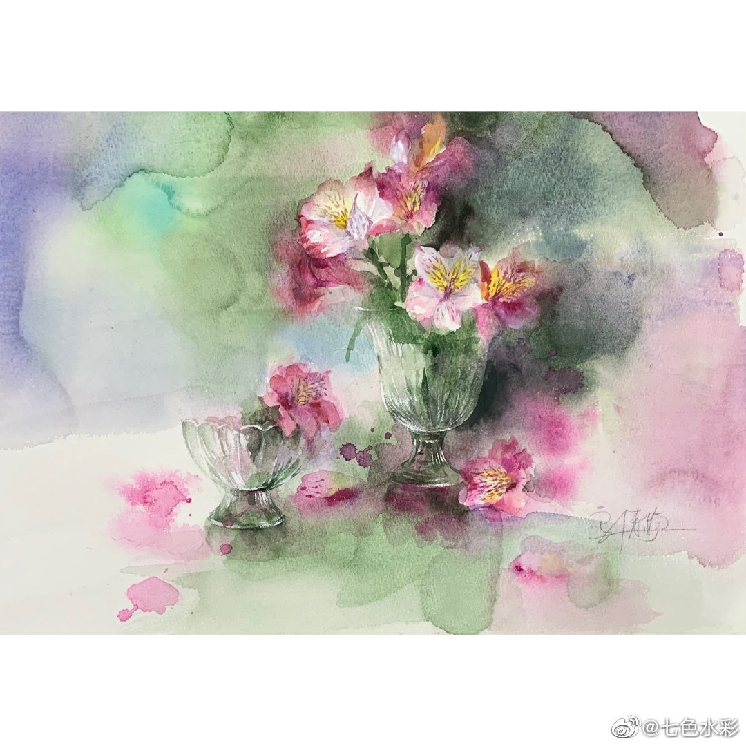 花开无度 花落无声 水彩花卉作品 作者 七色水彩