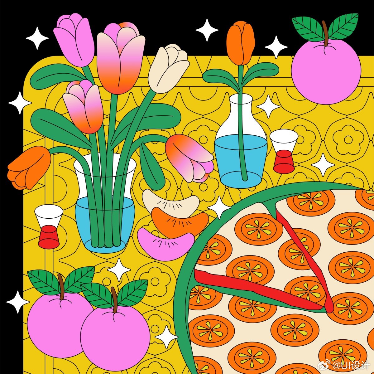 个性鲜明高饱和美食描边插画作品|插画|饱和|美食_新浪新闻