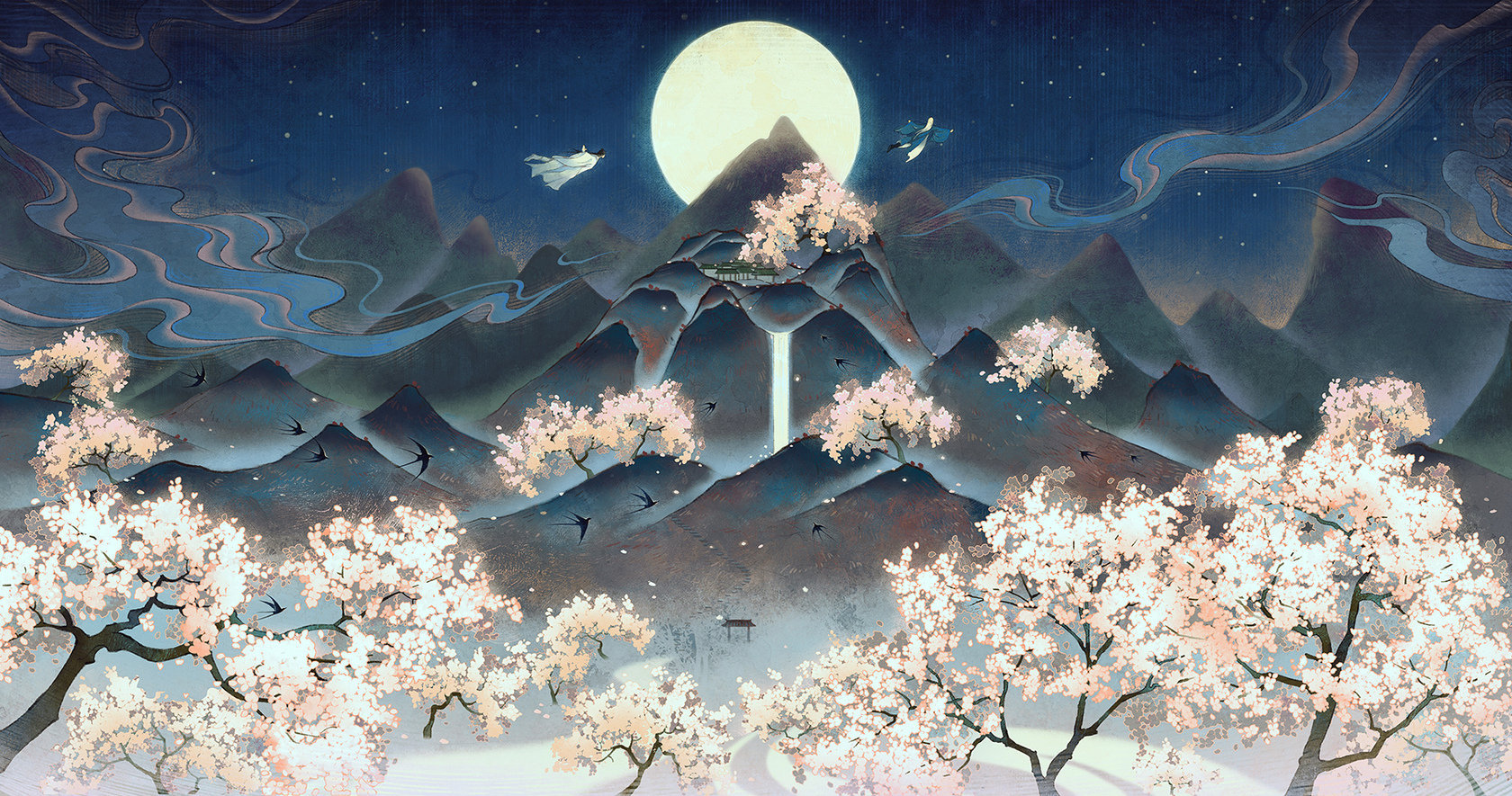 古风插画圆月之夜鱼贤