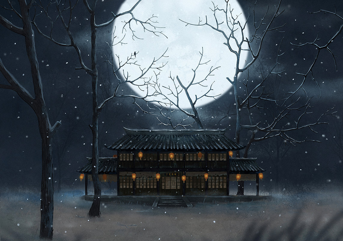 古风插画圆月之夜鱼贤