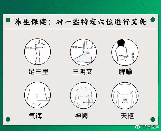 保健:对一些特定穴位如足三里,三阴交,脾腧,气海,神阙,天枢等进行艾灸