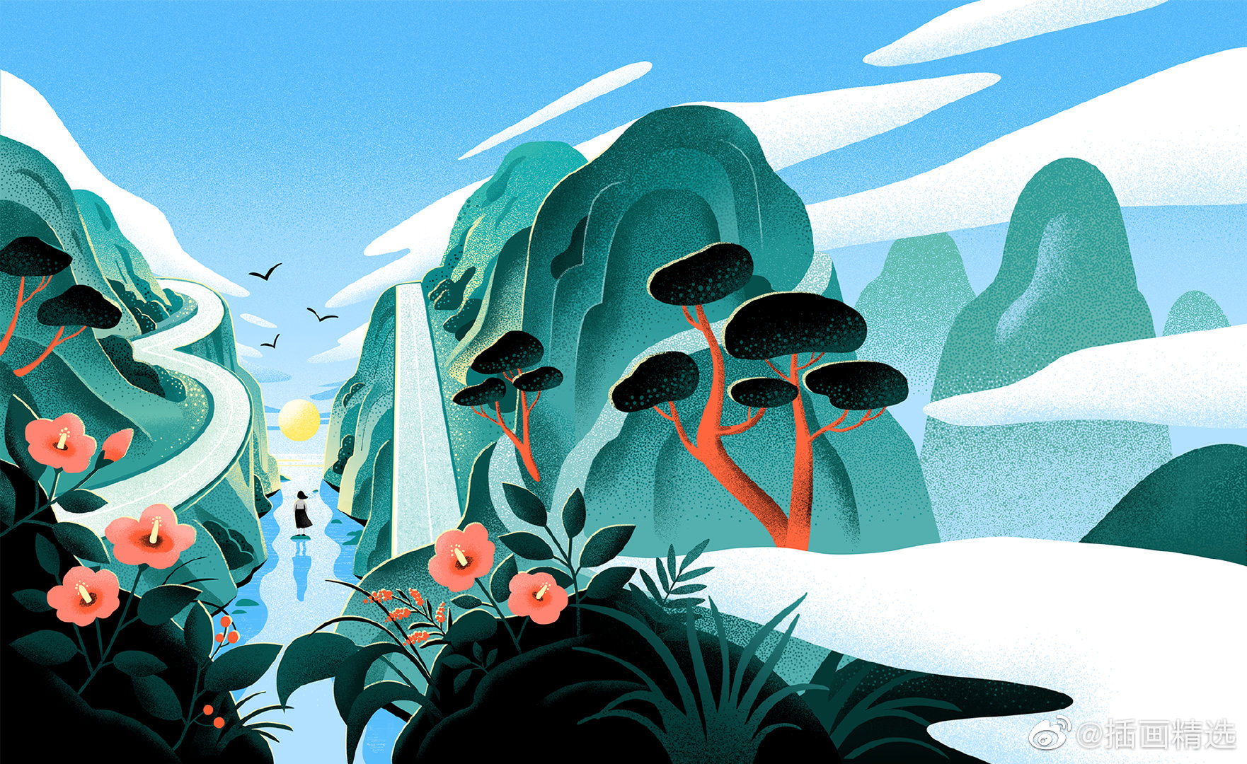 插画师ahra kwon的一组扁平风插画作品,画面肌理处理使得细节丰富
