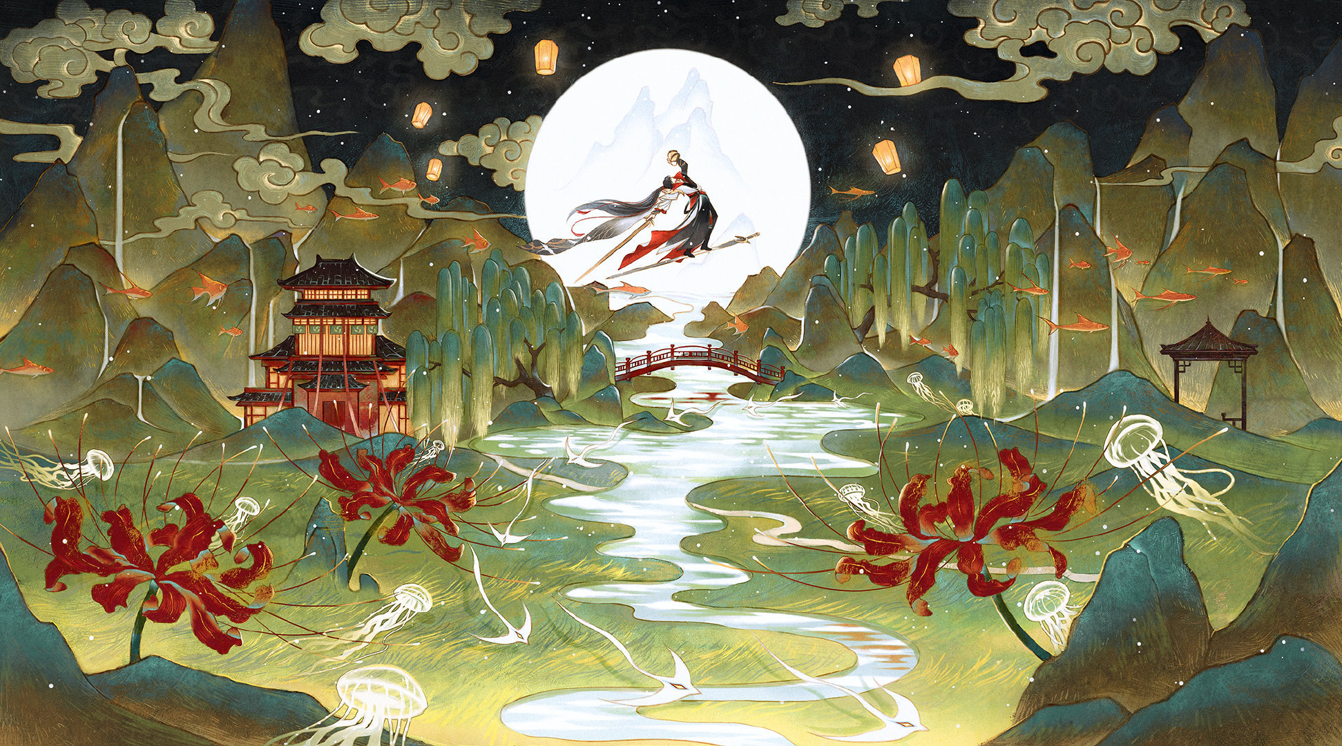 古风插画圆月之夜鱼贤