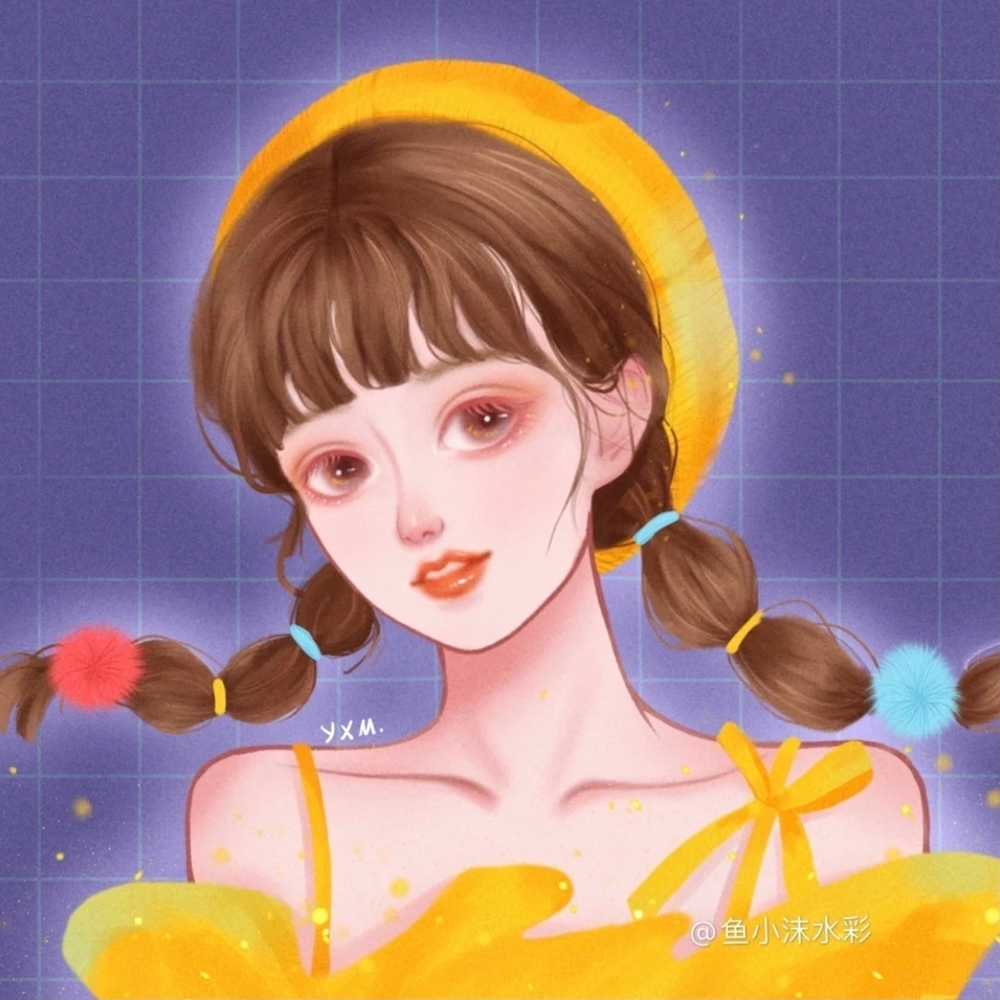 分享一组手绘风可爱女生头像cr鱼小沫水彩