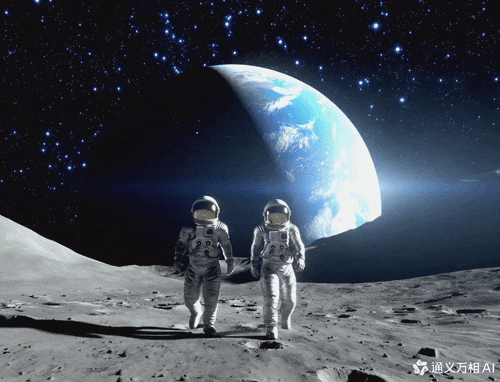 提示词:两名宇航员在月球表面漫步,背景是一片浩瀚的宇宙星空,点缀着