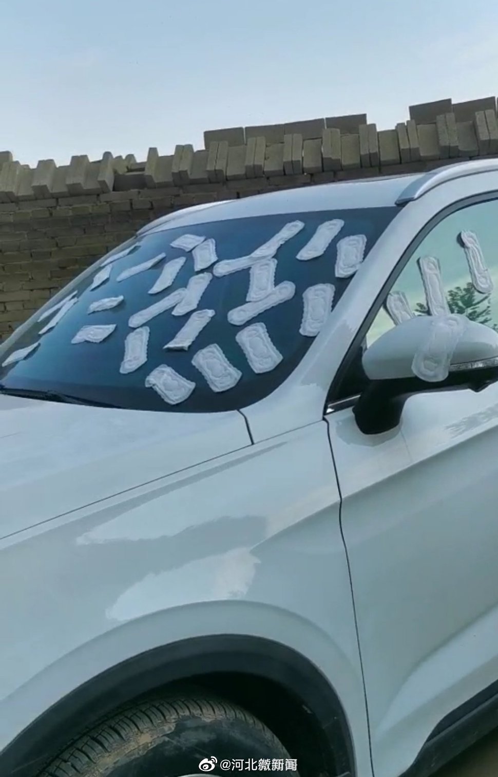 石家庄一小区疑似因占用别人车位,车辆被贴满卫生巾