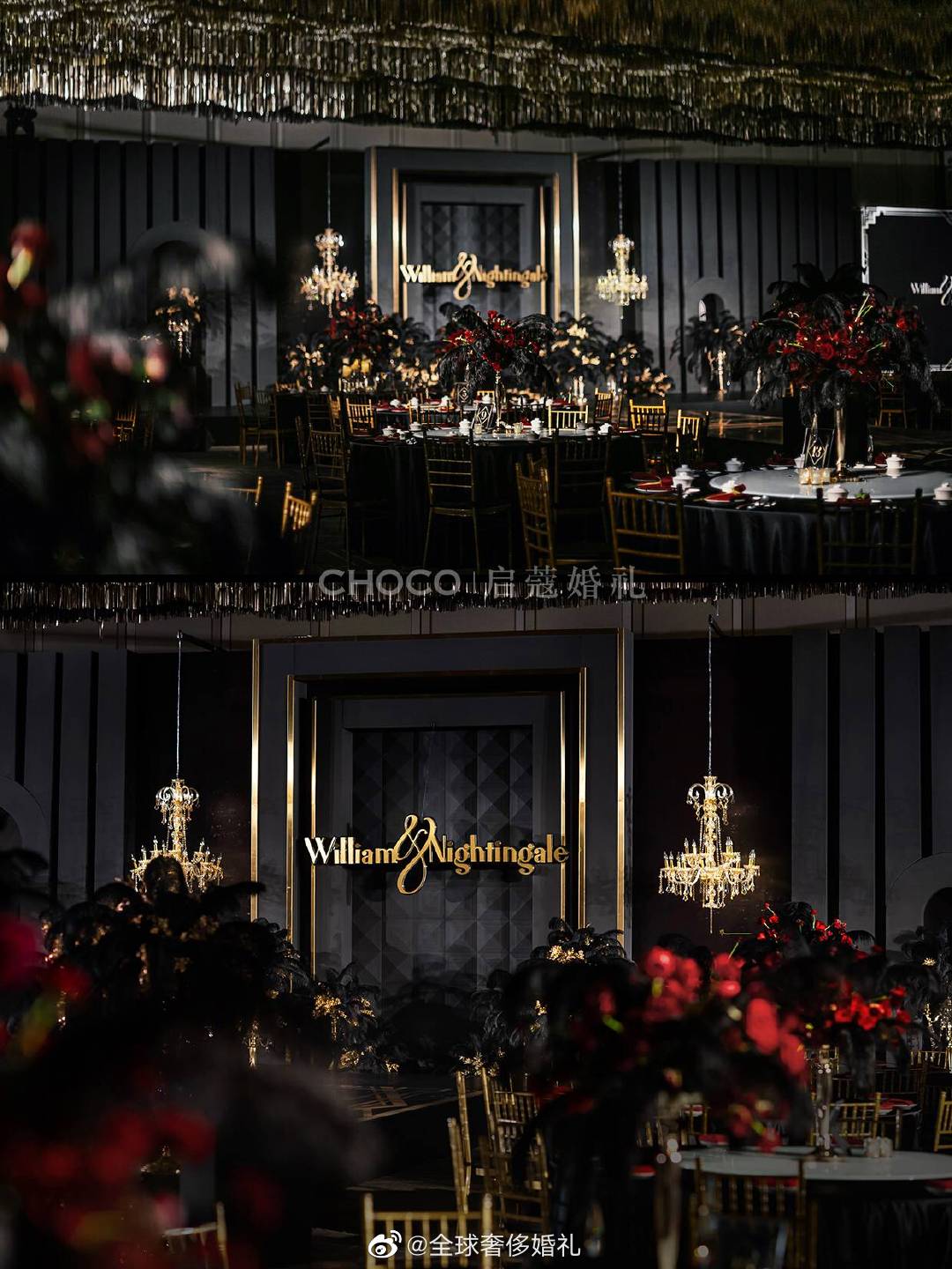 以黑色与金色贯穿整个婚礼设计, 搭配炽热浓烈的红玫瑰