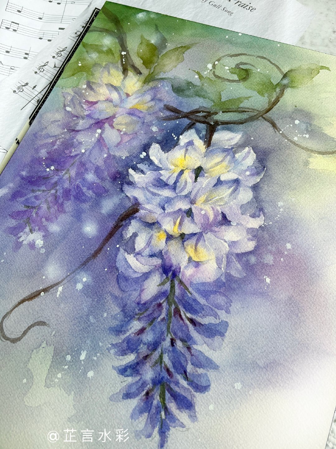 水彩紫藤芷言水彩串串风铃舞玲珑艳艳色彩画廊中
