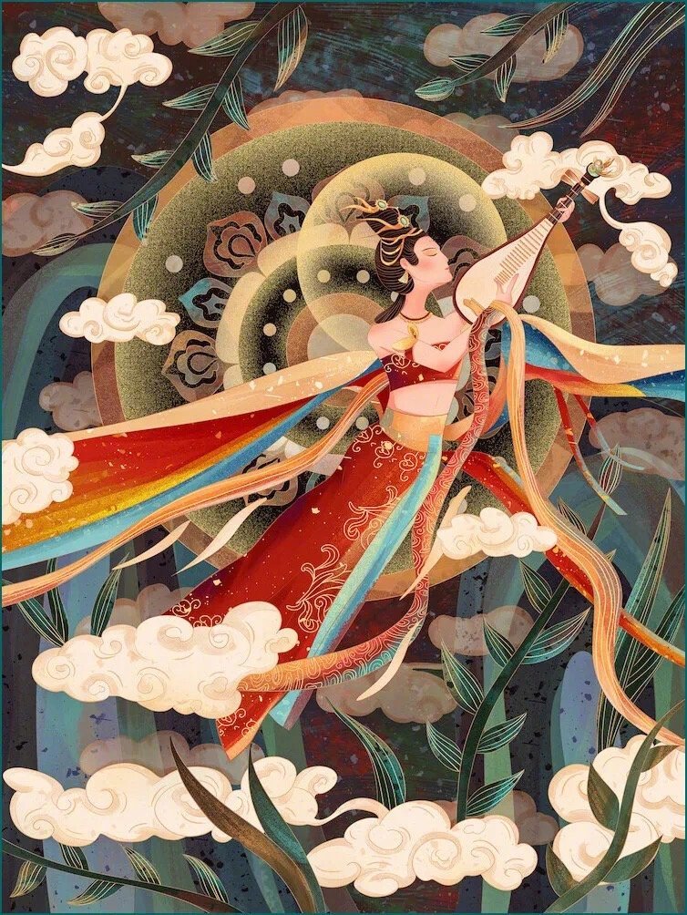 敦煌飞天复古插画