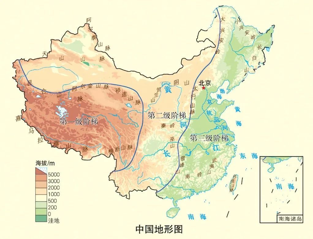 中國地勢西高東低,形成三大階梯:第一階梯是海拔近4000米的青藏高原